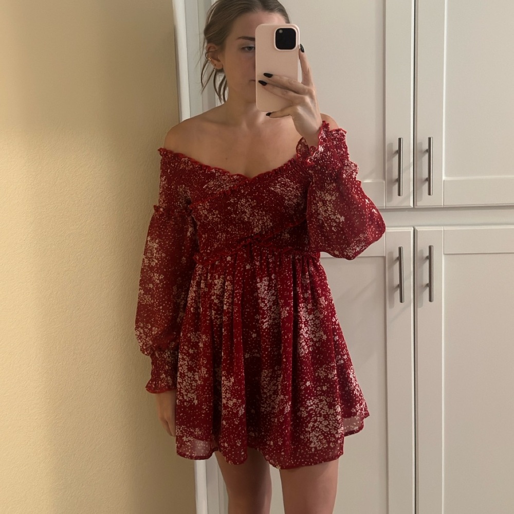 SHEIN Red and White Strapless Dress